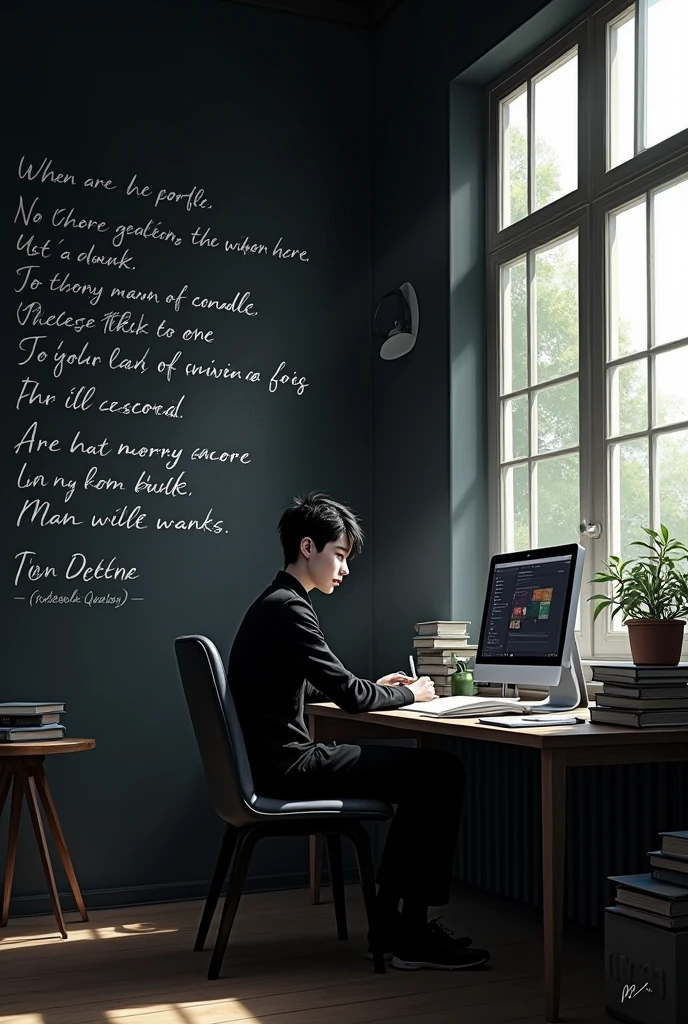 A student is sitting on the desk and there are many books and a computer on the desk in front of him. The wall in the room is black. The writing on the wall is also white. The window is open. He is sitting on the desk and writing a poem. He is nineteen. He is a male student. The color of his clothes is black and white. He is a poet