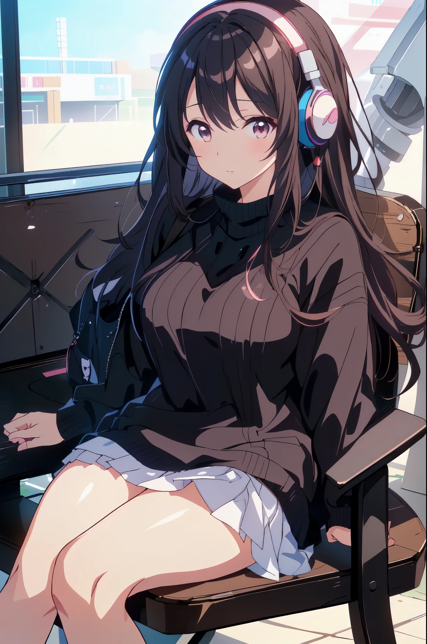 anime girl sitting on a bench with headphones on, anime moe artstyle, anime style 4 k, seductive anime girl, best anime 4k konachan wallpaper, beautiful anime girl, attractive anime girl, cute anime girl, smooth anime cg art, pretty anime girl, 4k anime wallpaper, anime visual of a cute girl, (anime girl)