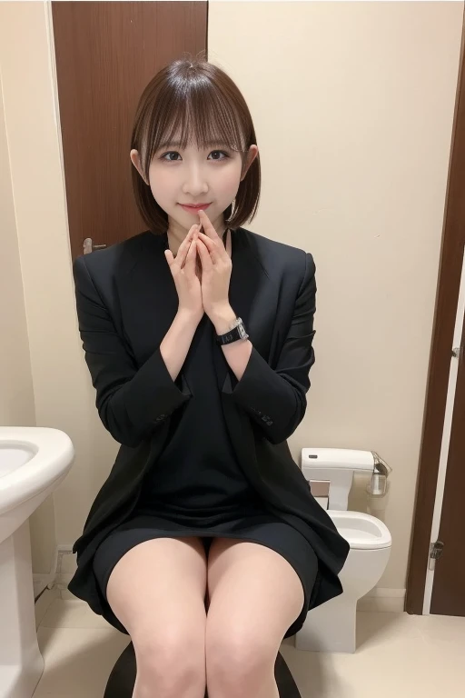 Tabletop, Highest quality, shape, Very detailed, finely, High resolution, 8k wallpaper,short hair、 完璧なダイナミックな構shape, Beautiful and beautiful eyes, suit，Natural color lip, smile、18-year-old girl，If you are wearing black tights or stockings、Two plump thighs、Shortcuts、Open chest shirt、(Beautiful 5 fingers、Beautiful hands、Anatomically correct),(Urinating、Urinating、toiletを用を足しているている:1.4)、toilet、Sitting on the toilet seat、Is peeing、(Take off your panties)