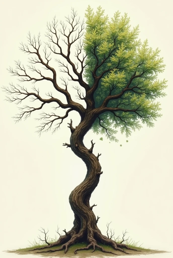 Tree drawing, half dry, without leaves or flowers, and half with leaves and flowers