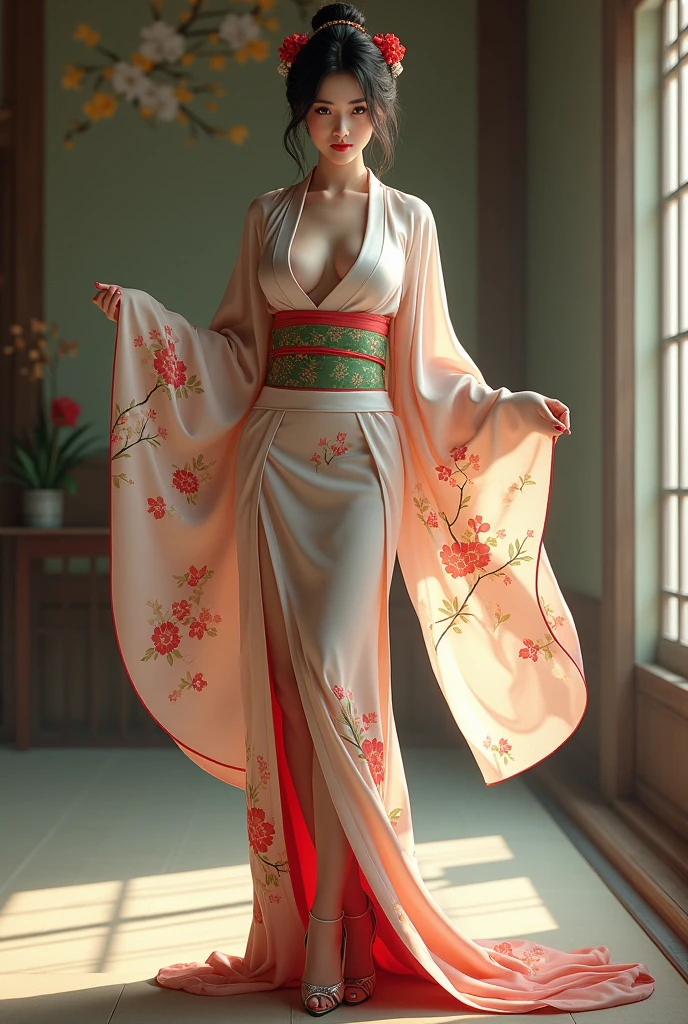 Asian, cleavage, kimono, high heels