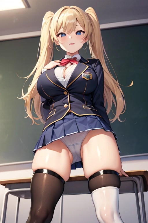 (((Stand with your feet apart、Shooting from below))、(((Accentuate the crotch、Shiny underwear)))、Highest quality, 8k, masterpiece :1.3)), whole body, Sharp focus :One Girl,Glowing Skin,SSexy pose,Highest quality,Tabletop,shape,Very delicate and beautiful,Hmph,8k壁紙,wonderful,In detail,Official Art,Very detailedなティッカーUnity 8k壁紙,Incredibly ridiculous,Large file size,Very detailedな,High resolution,Very detailed,Beautiful detailed girl,Realistic,X-ray,The queue is full,(((Uniform Blazer、mini skirt)))、(((Big Breasts、blonde)))、(((School、classroom、Wearing tights)))、Stand upright、Cleavage , ((Long golden hair))、Uniform Blazer、Sexy pose、Her hairstyle is twin tails.、both hands、Wearing tights