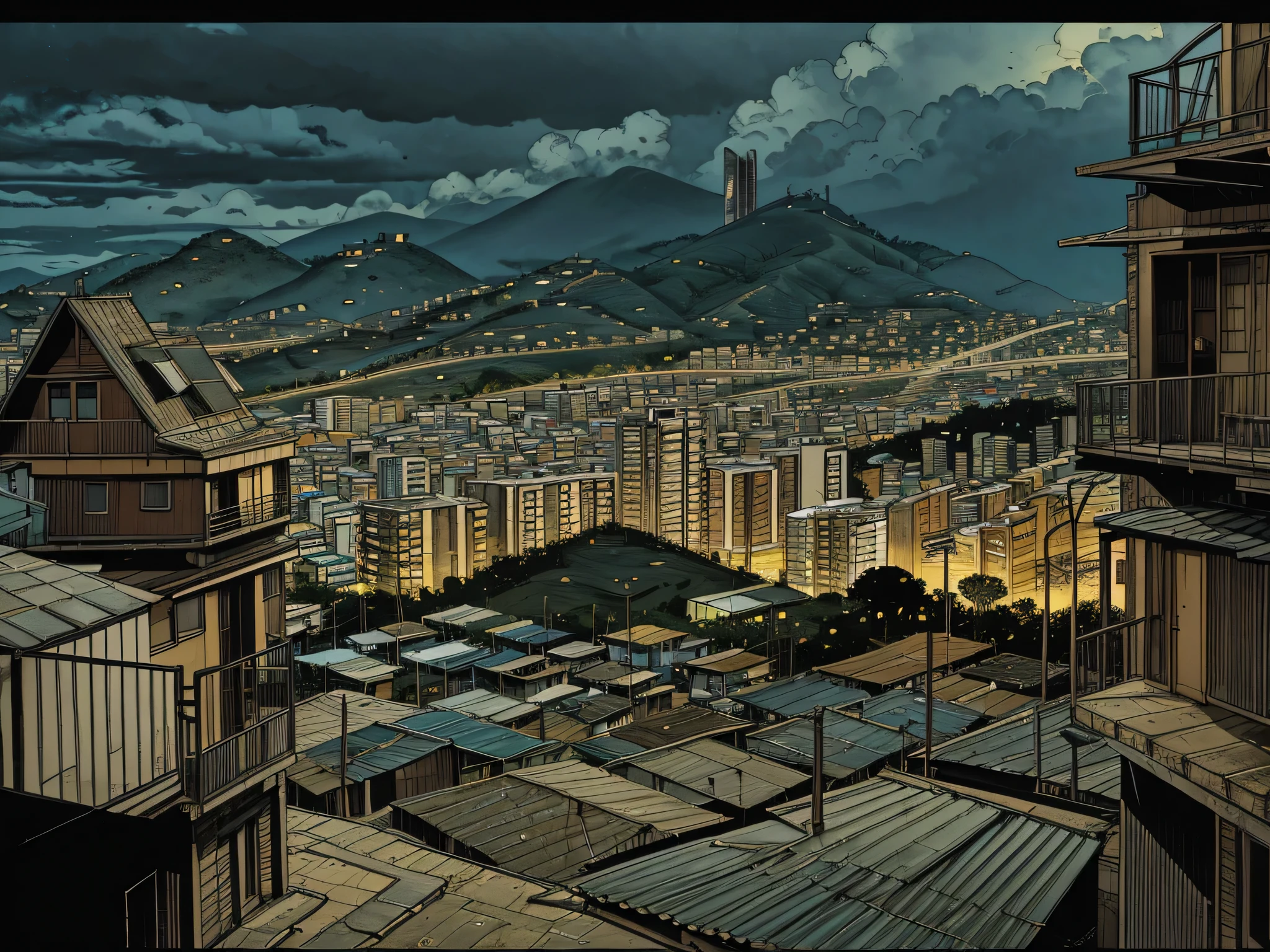 Brazilian favela, morning, houses, small buildings, staircase, slopes, hills, view of the big city in the distance, with large skyscrapers, cinematic lighting, wide shot, atmospheric perspective, perspective, UHD, masterpiece, accurate, anatomically correct, textured skin, super detail, high details, high quality, award winning, best quality, highres,