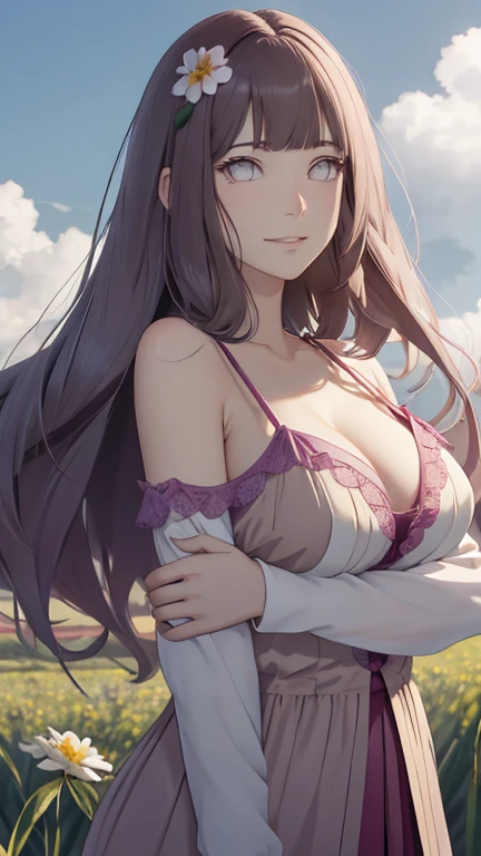 tmasterpiece， hoang lap， hyouka\（Boruto\）， 1girll， solo，a mature female， Purple slip dress，cleavage，Large breasts，Brown pants，exteriors，Lavender flower field， looking at viewert， （Falling petalostly cloudy sky， perfect compositions， Detailed lips，， beauitful face， Body support， Be red in the face， （redish pink lips）， long whitr hair， White eyes， Soft gaze， Sad smile， Super realistic， A detailed， photoshoot， Realistick faces and bodies， photo-realistic hair， photorealistic eye，realistic nose，realistic lips