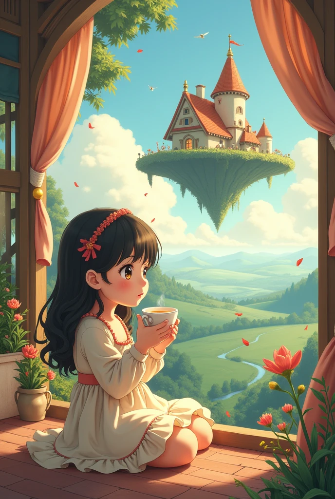 A girl on her magic house with a cup of tea in old anime art style