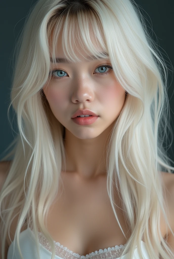、(RAW shooting:1.2)、(Photorealsitic:1.4)、(masterpiece:1.3)、(top-quality:1.4)、bright expression、extremely beautyful girl、Extraordinary beautiful girl、Detailed cute and beautiful face、Beautiful bangs、Glowing white shiny skin、 hairs、Bangs that extend to the face、Bangs betweehe eyes、Super long hair、Attractive light and dark platinum blonde super long straight silky hainer hair、Attractive glowing beautiful bright clear light blue big eyes、Luxurious dresses、Double eyelids、Lush bust、The upper part of the body、exaggerated exremely hyper freaky, uveiny hypermuscular, girl skinny, extremely bulges, skinny lycra underwear, slim body, girl pumped, ultraveins arms,