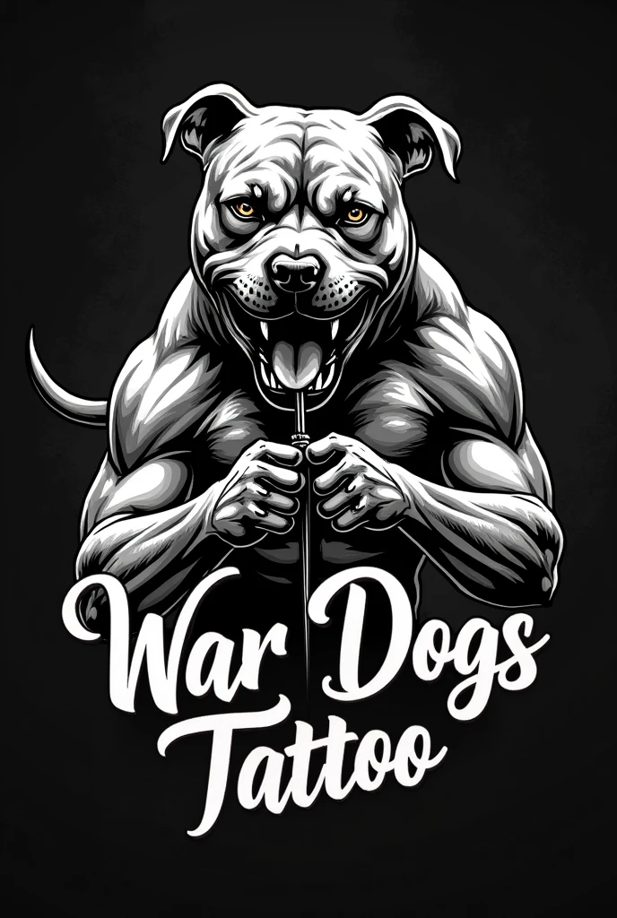 Create a logo with a pitbull making a tattoo that says war dogs tattoo