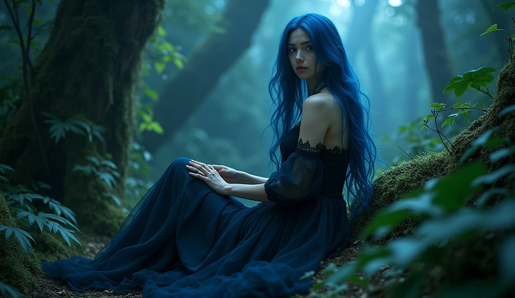 (photorealism:1.2), beautiful woman, forest, goth dress, long blue hair, dark lighting, plants background, moonlight, relaxed pose, realistic, intricate details, cold colors, cinematic lighting, dramatic atmosphere, ethereal, mystical, surreal, fantasy, enchanted, elegant, captivating