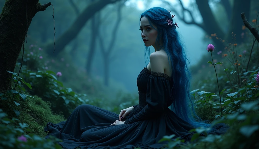 (photorealism:1.2), beautiful woman, forest, goth dress, long blue hair, dark lighting, plants background, moonlight, relaxed pose, realistic, intricate details, cold colors, cinematic lighting, dramatic atmosphere, ethereal, mystical, surreal, fantasy, enchanted, elegant, captivating