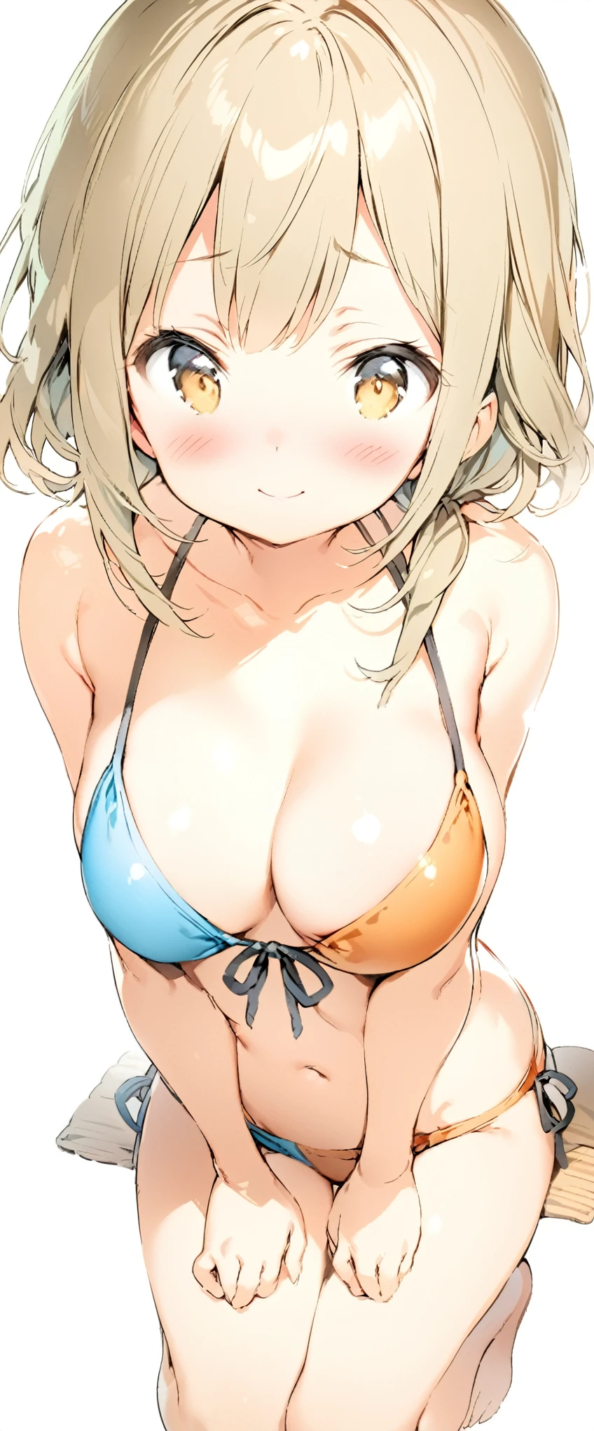 ((cofee-kizoku, anmi, tadano yukiko)), colorful bikini, short hair, shy smile, blush, middle breasts, simple background, best quality, ultra-detailed, long hair, alternative hair style, full body