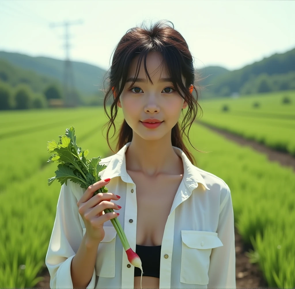 （Live-action and camera shooting）This is the mountain area of Ibaraki Prefecture.。A beautiful girl working in the fields in simple white work clothes。Sweat on my sunlit forehead。Staring at the photographer with lovely eyes。I have a freshly picked radish in my hand.。The heat caused the front of my work clothes to open.、Her black underwear was visible。(photography)（professional lighting）retina, anatomically correct, ccurate, textured skin, super detail, high quality, high details, award winning, best quality, highres, 1080P, HD, 4K, 8k