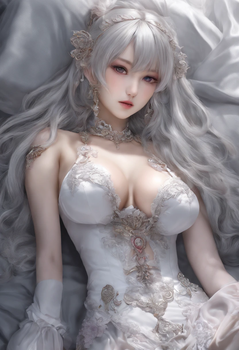 beauty,pride,Japanese vampire girl,Charming eyes,blush,magic horn,Revealing blood sucking teeth,Smile,Long hair flowing around the waist(silver),White sexy lingerie,Large Breasts,long legs,white thunder stockings,Half lying on the bed of noble beauty,Appearance,