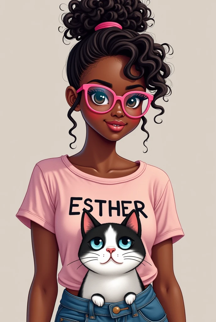 A black age girl with curly, kinky hair tied in a dark brown bun and dark brown eyes a little darker than her hair with hot pink glasses. Full body image wearing a top with ESTHER written on it and also drawn on the short shirt a white kitten with blue eyes with black lines on the face and jeans FULL BODY realistic