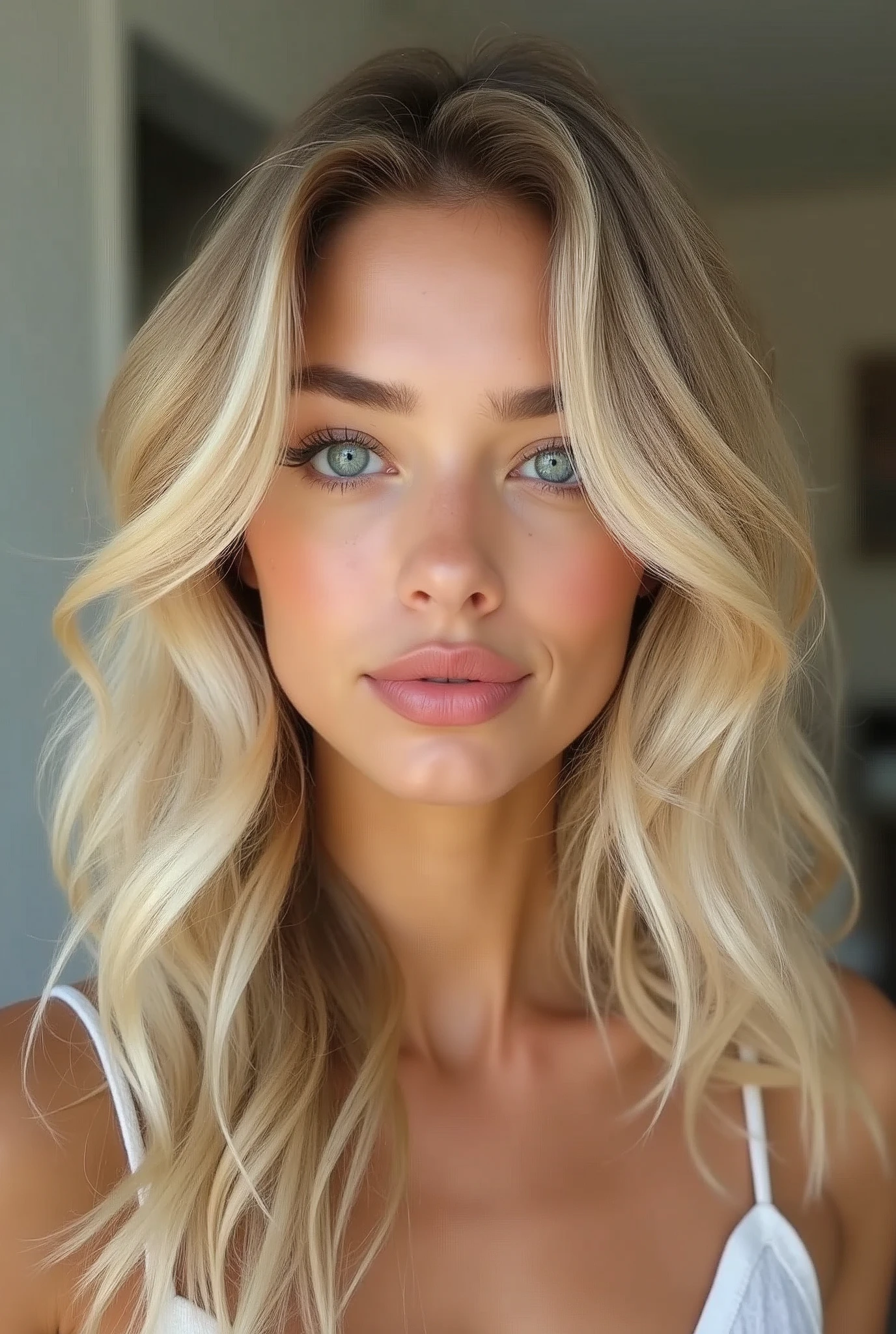 a one woman, blonde wavy hair logos, big blue eyes, small and thin nose, pink heart shaped mouth, blonde eyebrow, tanned white skin