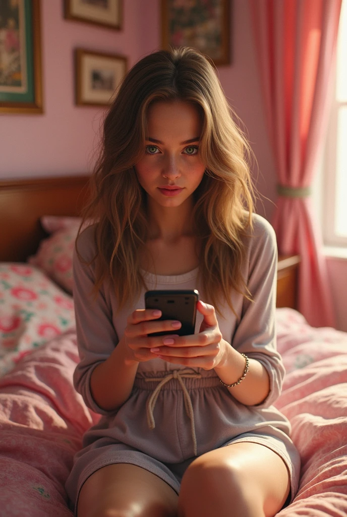 A girl sitting on her bed in a pink 1990s bedroom. She has long light brown hair, green eyes, and calling on a flip phone.