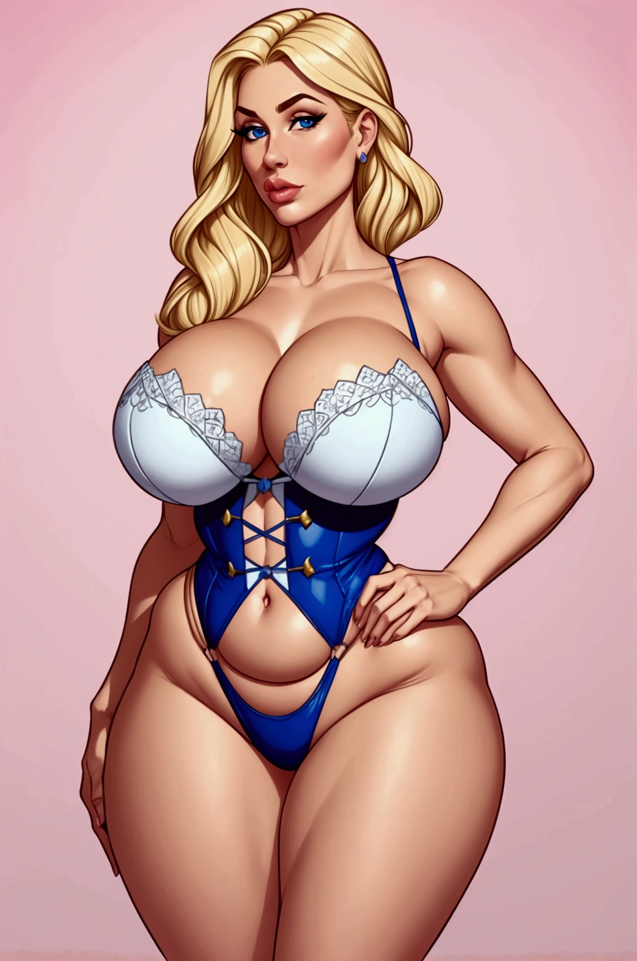 ((BLONDE)), ((BIGGER BREASTED)), (Pretty face), (structured jaw line), (Beautiful Woman), White, woman, blue eyes, her name is Pam, wanting me, cute nose, plump lips, age 35, fuller breasts, bigger breasted, bustier, career-driven woman Full body pose, Rebecca, Queen of the Cosmic Realm, epic breasted, athletic, voluptuously breasted, epicly breasted, epic thighs, athletically fit, voluptuous thighs, big booty, fit,
Female Personification of Nordstrom Rack, Blue