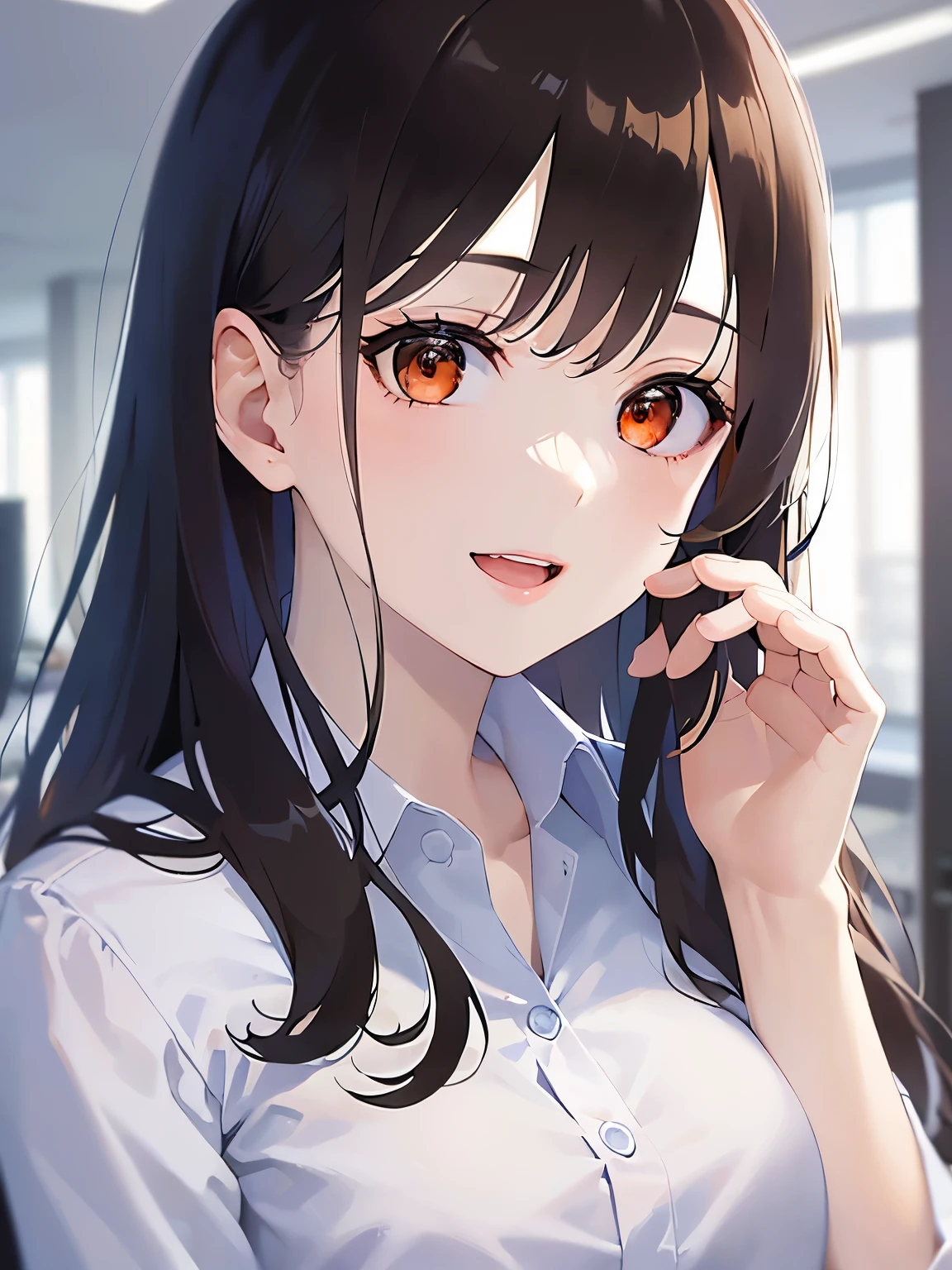 hand on own face, upper body, Realistic, real person, (pale skin: 1.2), RAW photo, photorealistic, shiny skin, shiny hair、(A 25-year-old woman with medium-length hair and bangs) and (wavy hair) and (brown hair) and (orange eyes) , BREAK (business suit:1.5) and (white collared shirt) BREAK、smile, open mouth, Background is an office room、Alone、Are standing