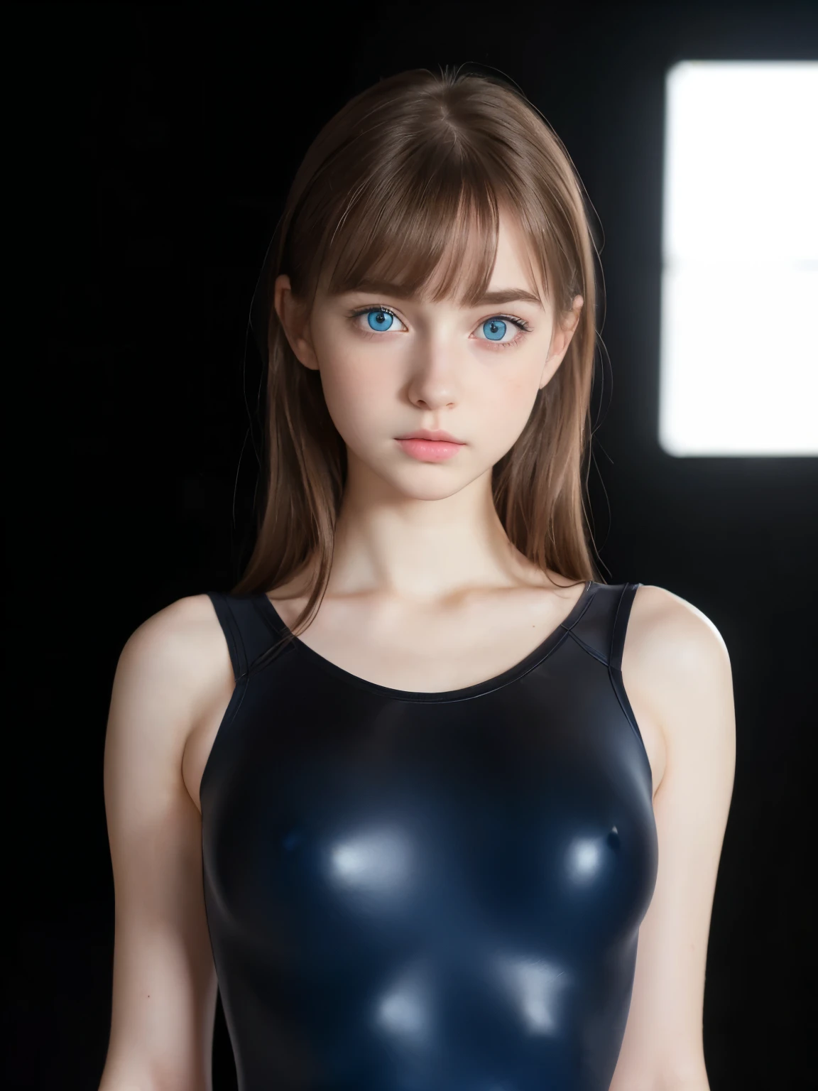 (Masterpiece, Hyperrealistic, 8k, HDR, RAW), ((Natural illumination)), sunny illumination, white illumination, ((Pretty girl)), British girl, cute girl, ((Pale skin)), , ((Bangs)), ((Brown hair)), ((Blue eyes)), ((Black leotard)), ((Young face)), ((A black background)), ((Slender body)), ((wide hips)), cute face, (blush), big eyes, perfect anatomy