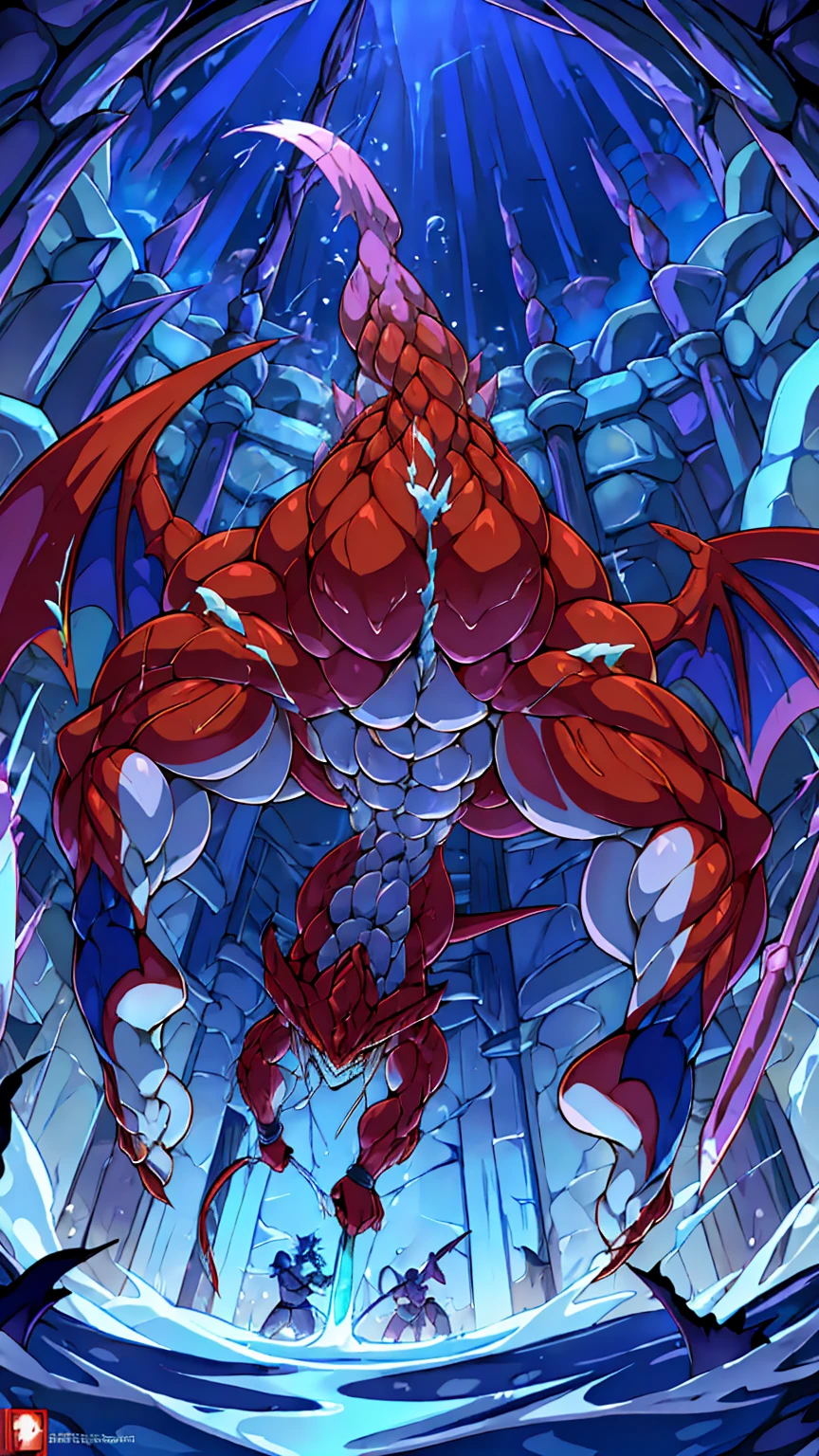 Red body,Blue hood,Slender and huge muscles,armor,Ready your spear,bulging muscles,Evil atmosphere,Water Temple,大きなReady your spear,Bigger erect penis,Ejaculate,Wicked Smile,Demonic body and wings,Diving,Cool pose,Gruesome murder scene