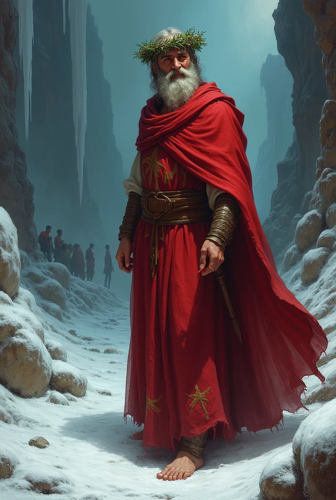 The poet of the middle ages, Dante Alighieri, dressed in a red tunic down to his feet, with a laurel wreath on his head, in the background hell, with a lot of ice and people trapped on the icy ground.