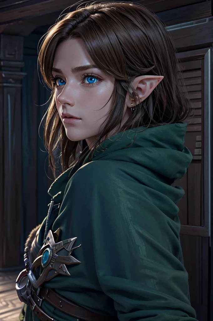 Very detailed, Ultra-realistic digital portrait of Link from The Legend of Zelda, Very detailed顔の特徴, Piercing blue eyes, Sharp jawline, disheveled brown hair, Confident expression, Green-themed elf clothing