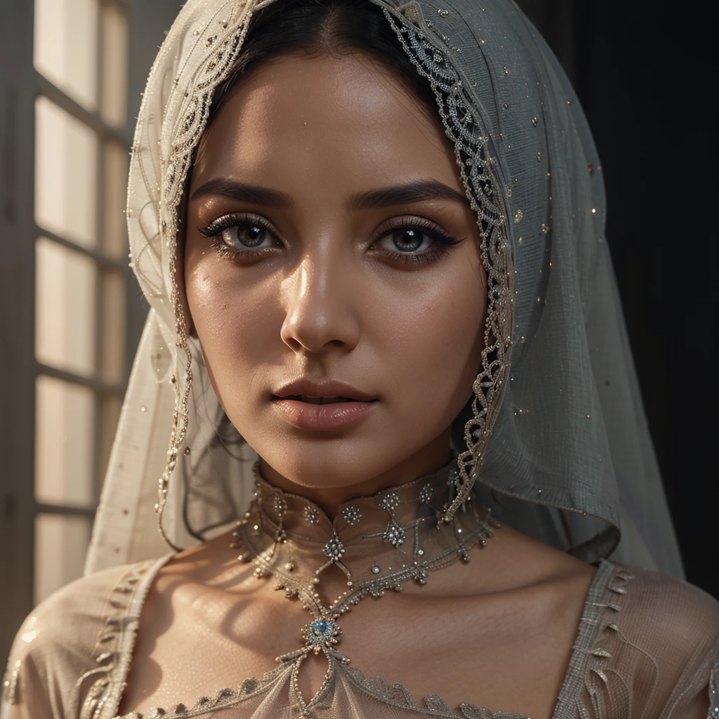 a hijabi girl in a transparent long dress, beautiful detailed eyes, beautiful detailed lips, extremely detailed face, long eyelashes, elegant pose, serene expression, high fashion, dramatic lighting, cinematic, photorealistic, 8k, best quality, masterpiece, ultra-detailed, vivid colors, dramatic lighting