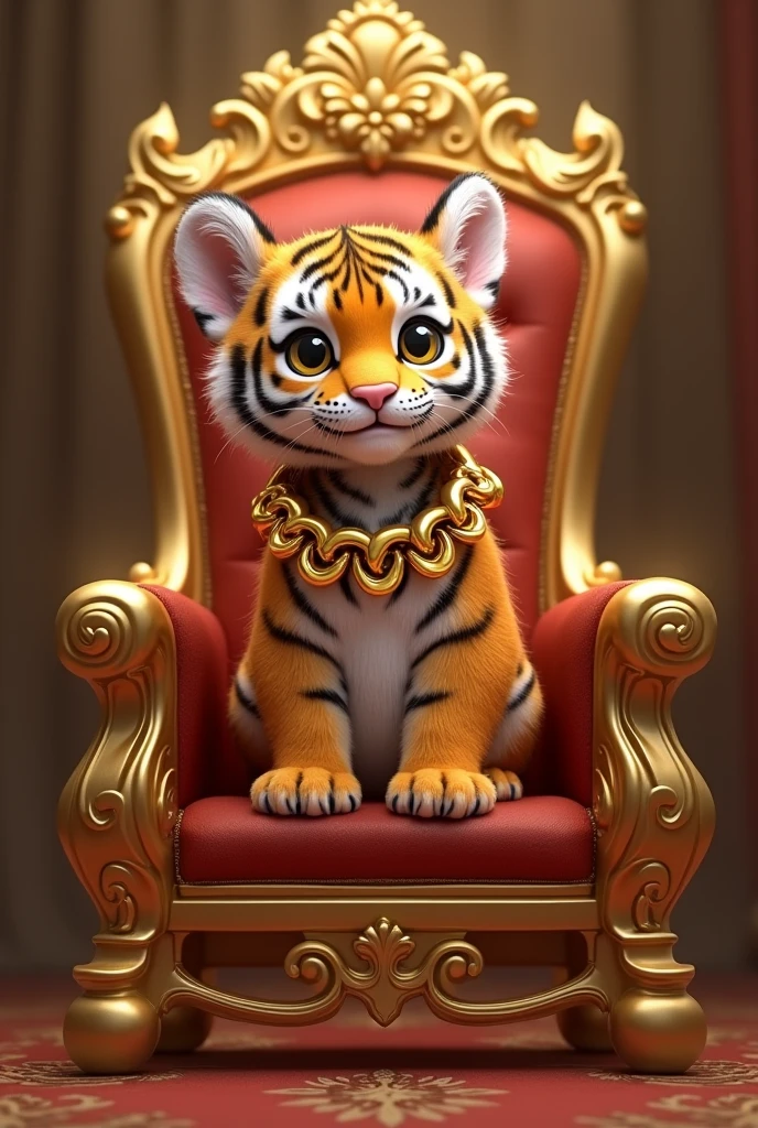 Cute tiger cub, rico, with a giant gold chain ,sitting on a golden throne.