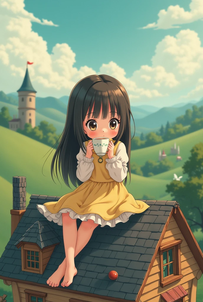 A girl on her magic house with a cup of tea in her hands in old anime art style for profile