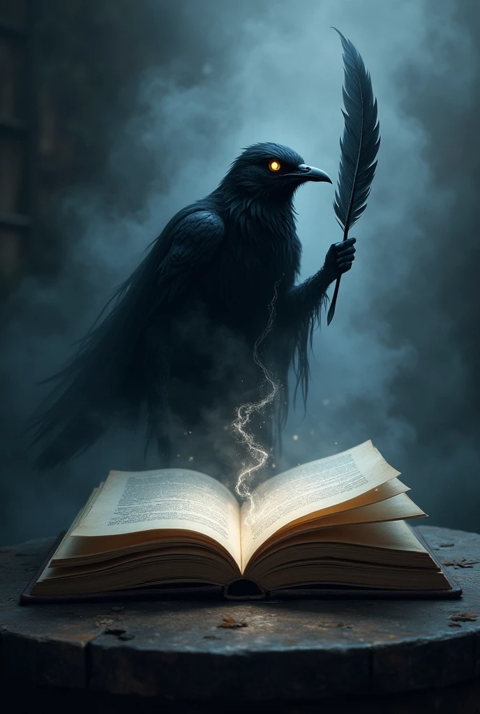 Create a dark and mysterious logo for the 'Department of Haunted Authors.' In the center, depict a ghostly black bird, with ink trailing off to form a faint, spectral mist. The quill should appear as though it is writing in mid-air, with the mist forming the initials 'DAA.' Surround the quill with ancient, slightly open books, their pages curling and giving off a faint glow, as if imbued with a supernatural presence. The overall color palette should include deep shades of black, gray, and indigo, with subtle highlights in silver. The background should resemble a misty twilight, with hints of eerie, swirling fog. The logo should convey an eerie, gothic atmosphere, reflecting the haunted and literary nature of the department.