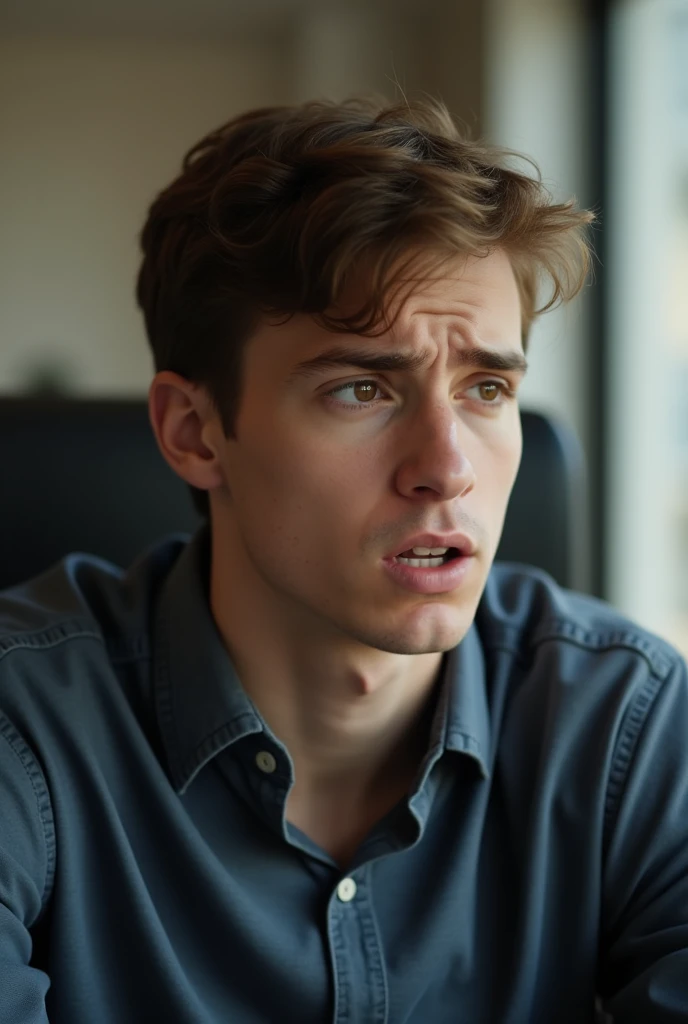A 20 year old man, with short brown hair, sitting in a chair, Talking worriedly and with a blurred background