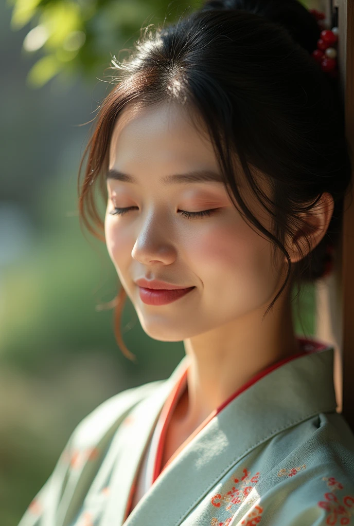 An elegantly dressed Japanese woman in natural light、A close-up of her chest and calm expression.、It shows her inner peace and outer charm.。