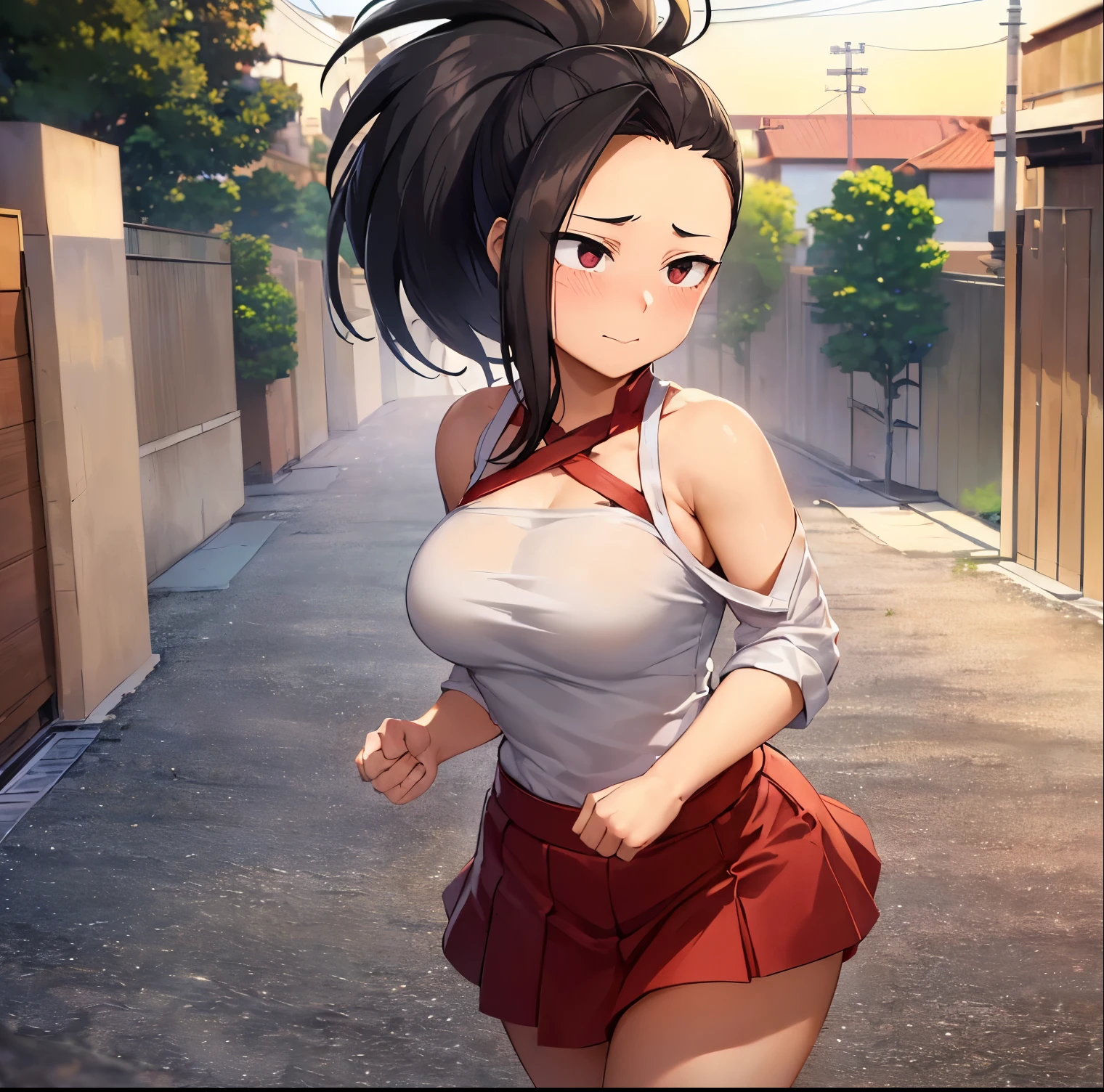 ((1girl)), ((alone)),yaoyorozu momo, ((extremely detailed CG unity 4k wallpaper)), (masterpiece), (ultra quality), (ultra detailed), (best illustration), (best shadow), (extremely detailed), looking at viewer, (absurdities), (detailed background), curvy body, dynamic pose, cowboy photo, large breasts, medium waist, wide hips, wide thighs, round butt,((eyes black, black hair, ponytail, long hair, hair up, white shirt, neckline, off-the-shoulder shirt, bare shoulders, long sleeves, red skirt, bare legs, tight short skirt, collarbone, smile, closed mouth)), standing, cowboy photo, backlight, ((solo)), ((standing: 1.4, outdoor, park, trees, cityscape, sunset, (serene expression, blushing, ,sexy, closed mouth, sexy pose), looking forward,((focus on breasts)), point of view: (from middle) , perfect anatomy, perfect hands