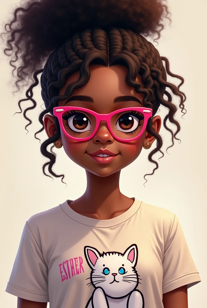 A black woman with very curly hair tied in a bun and dark brown eyes the same color as her hair and wearing hot pink glasses looking to be approximately 11 years old. Teenager