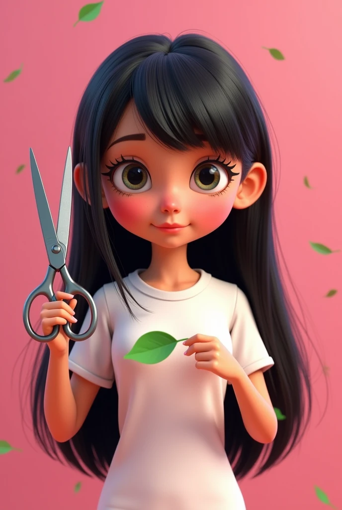 PIXAR 3D TYPE POSTER, MASCOT GIRL BRUNETTE LONG BLACK HAIR SMALL EYES ANIME TYPE WHITE SHIRT HOLDING SCISSORS AND LEAVES IN A COLORFUL PINK STATIONERY STUDIO