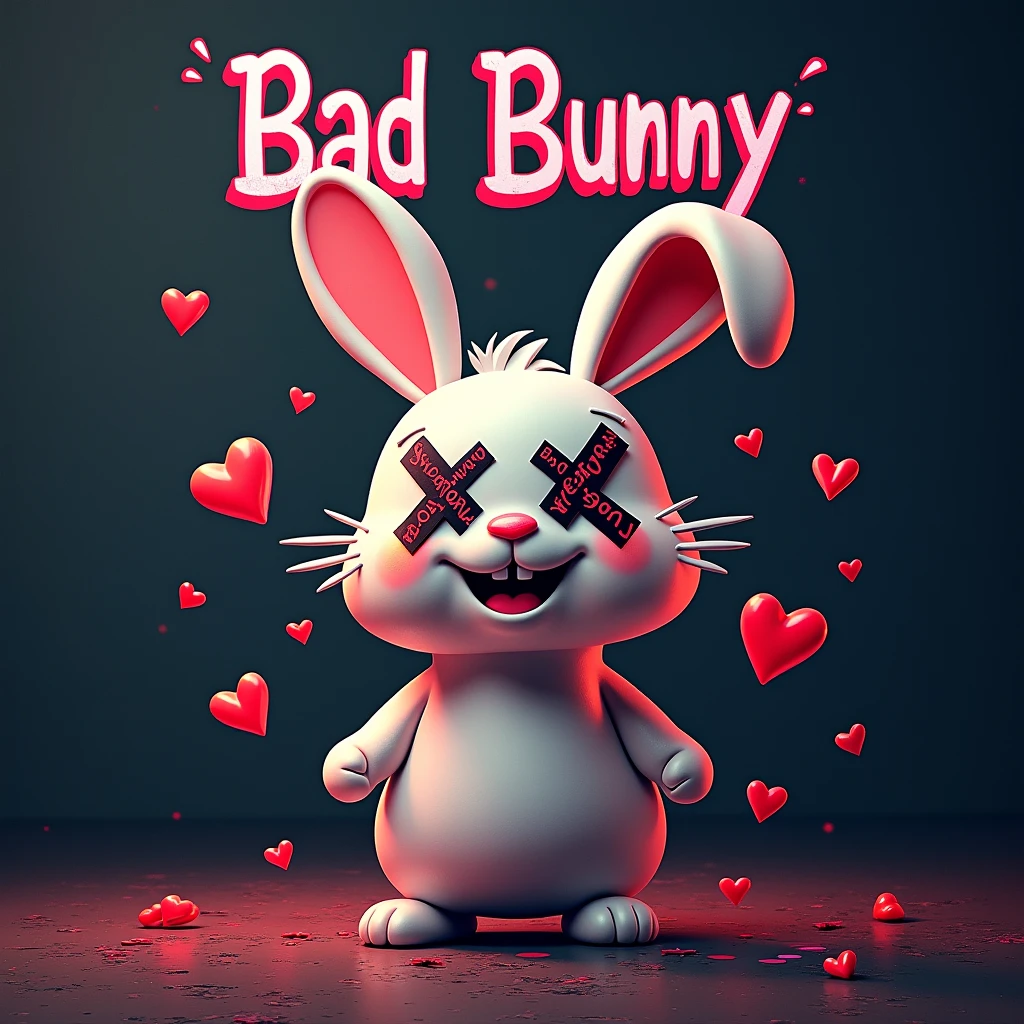 3D rabbit with tapes on eyes, Place a mischievous bunny character in the center of the composition on a textured, dark background. Surround the bunny with floating hearts and glitched lines, and integrate the text 'Bad Bunny' above the character in a bold, graffiti font