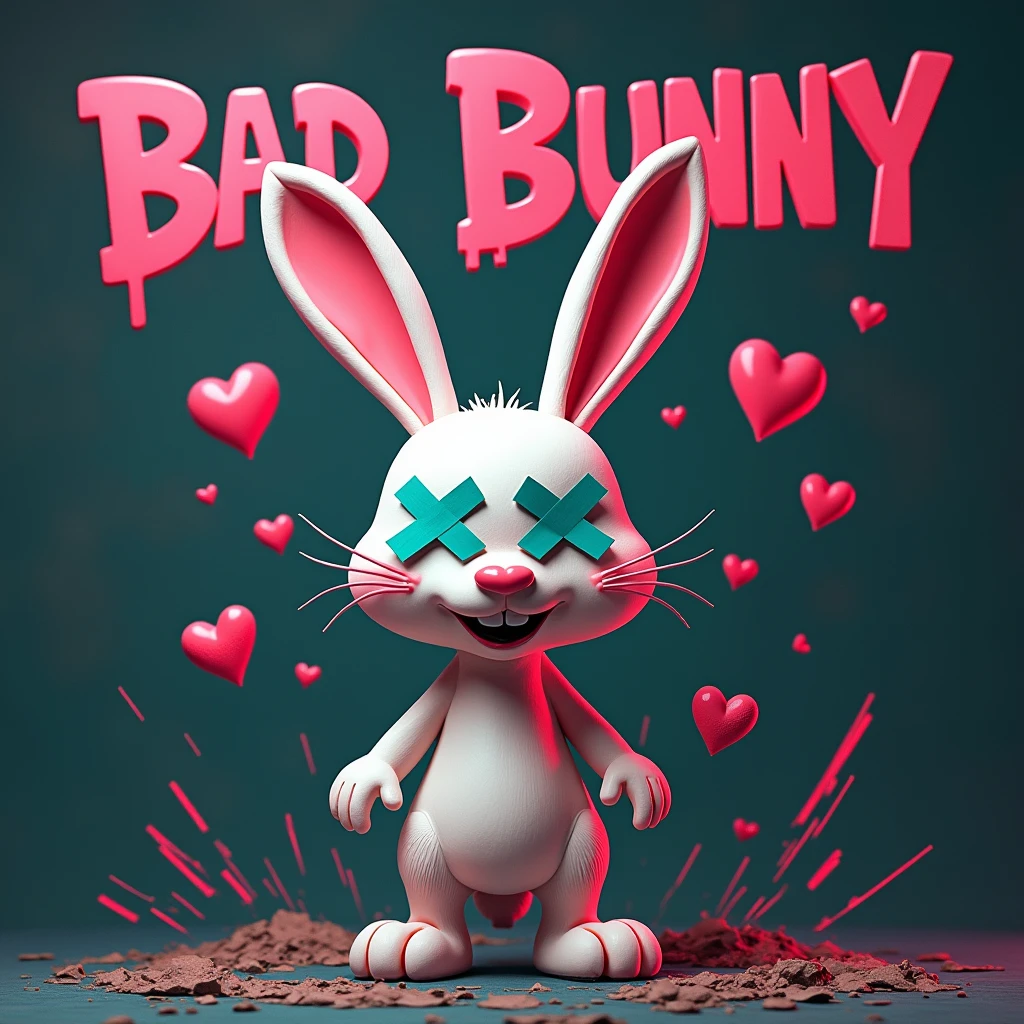 3D rabbit with tapes on eyes, Place a mischievous bunny character in the center of the composition on a textured, dark background. Surround the bunny with floating hearts and glitched lines, and integrate the text 'Bad Bunny' above the character in a bold, graffiti font