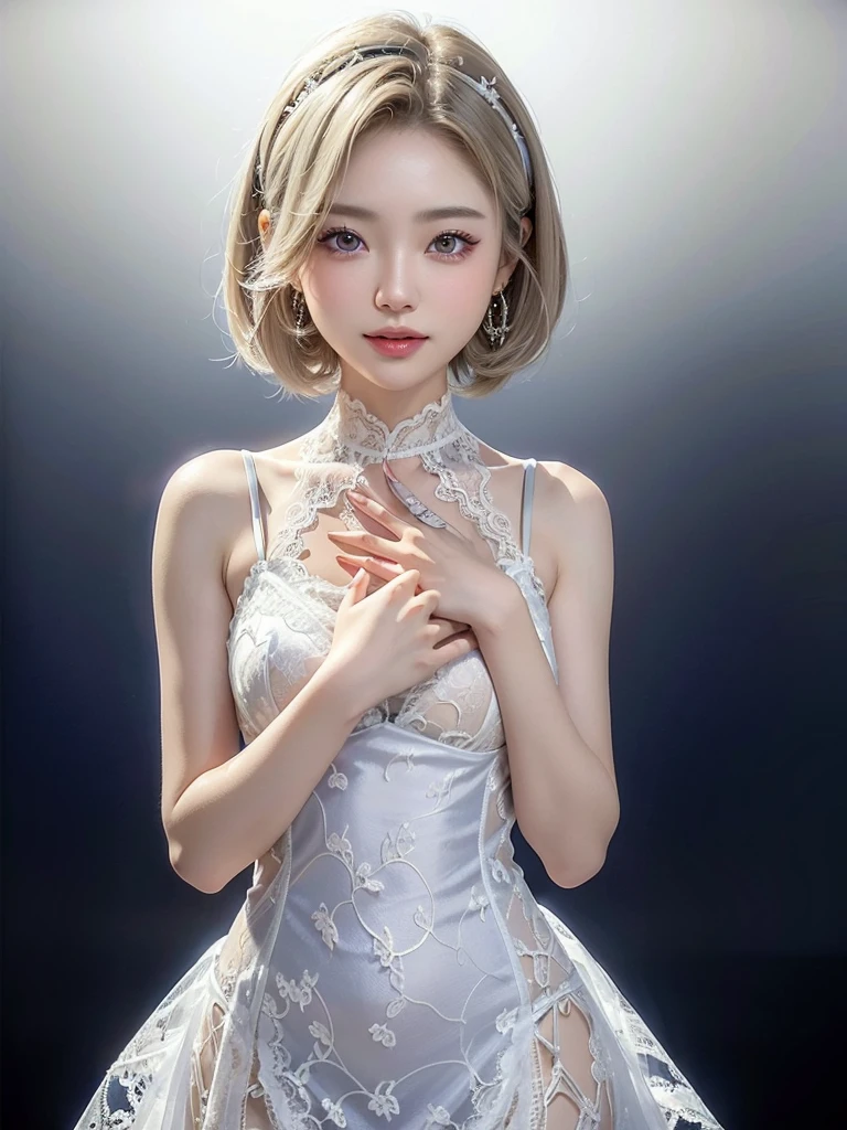 8k,Confused, High resolution, Very detailed, 1 girl, alone, Very beautiful eyes, Ultra-precise depiction, artistic、Very detailed depiction, (Tangled:1.2), , (White high key background:1.5), (((Navy Blue Lace Dress 1.5))), 、 short hair、Earrings and Necklaces、Platinum Blonde Hair, (Glowing Skin), Many colors, , (:1.2),、Flat Body、slim、cute、、Round face、Cast a Shadow、、Smile 1.3、(((Place both hands on chest 1.5)))、