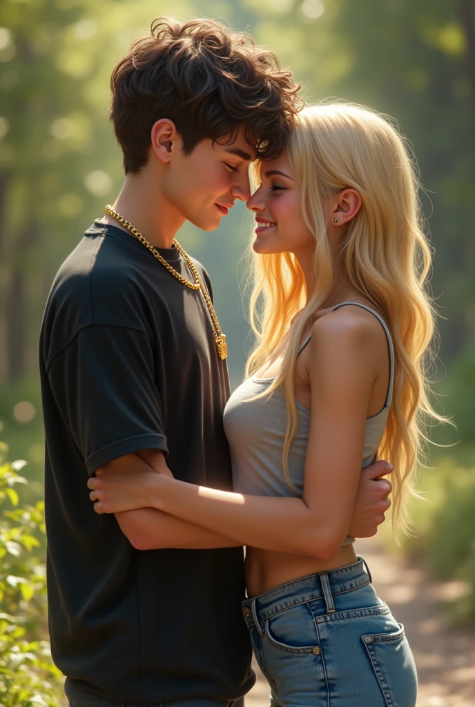 Create a picture of a teenage couple, make the boy wear a black tshirt, a light chian, jeans and have him have hazel eyes with brown hair that almost looks black. Make the girl have blonde hair, blue eyes and make her wear jeans and a casual crop top. Make the couple look happy and have them touch eachother in a friendly /teasing way, make it realistic make it look like its real/ a actual foto in the real world