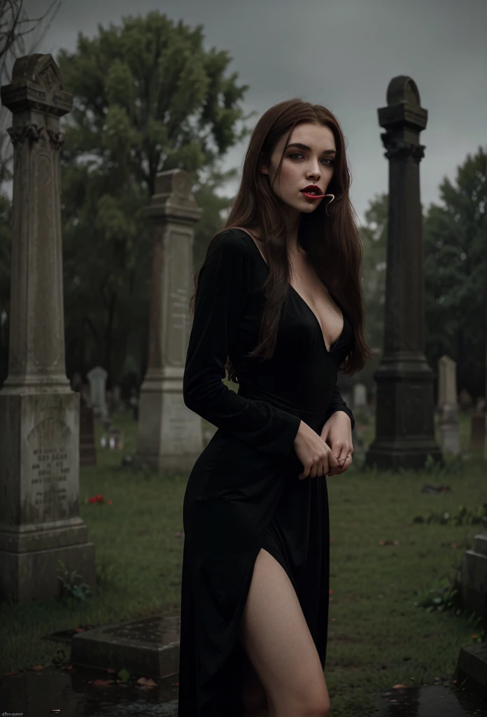 Artwork of a beautiful vampire woman with very red and chapped lips with tasting drops of blood in her mouth, She has long brown hair, wearing a long, tight black dress that highlights her slender figure, The setting is a very dark and gloomy abandoned cemetery on a rainy night, very perfect and detailed high resolution image 