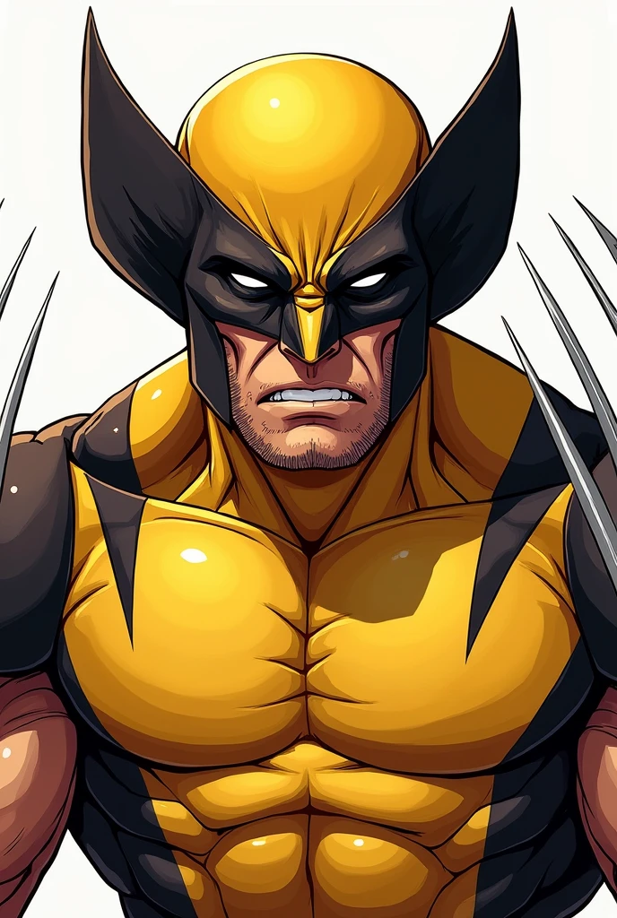 Cartoon wolverine with the yellow and brown suit The sides are yellow And the chest is brown and he Has claws And a yellow cowl
