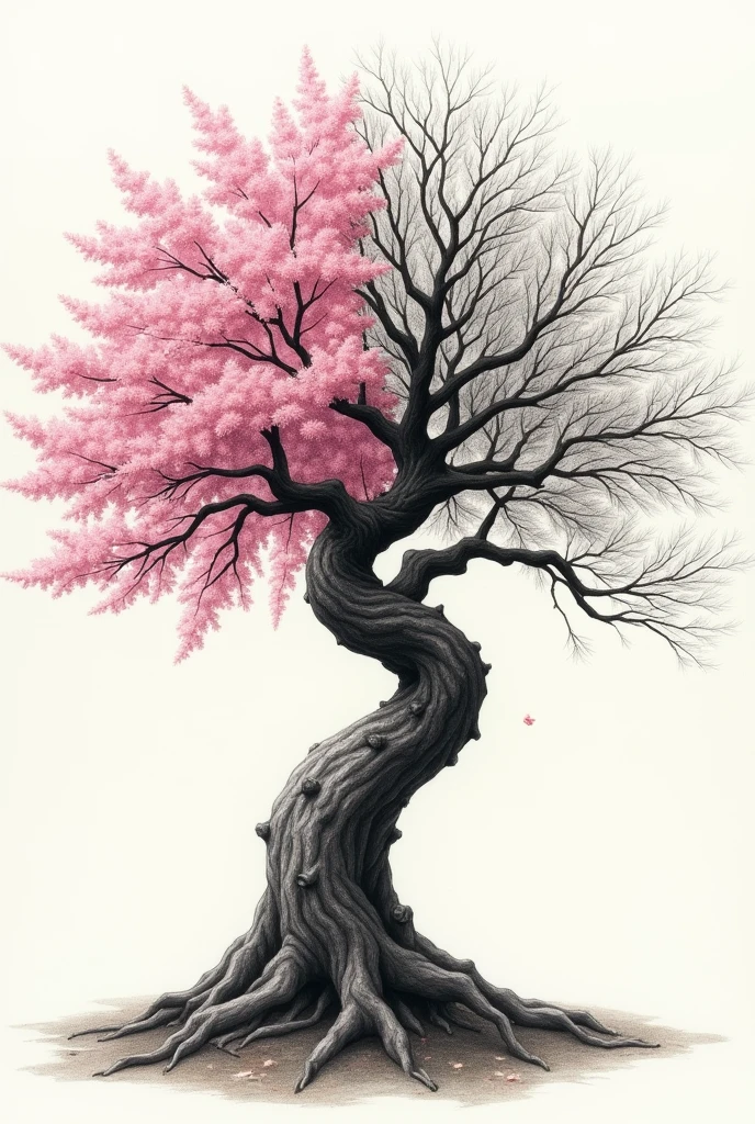 Realistic drawing of sakura tree, half dry, without leaves or flowers, and half with leaves and flowers