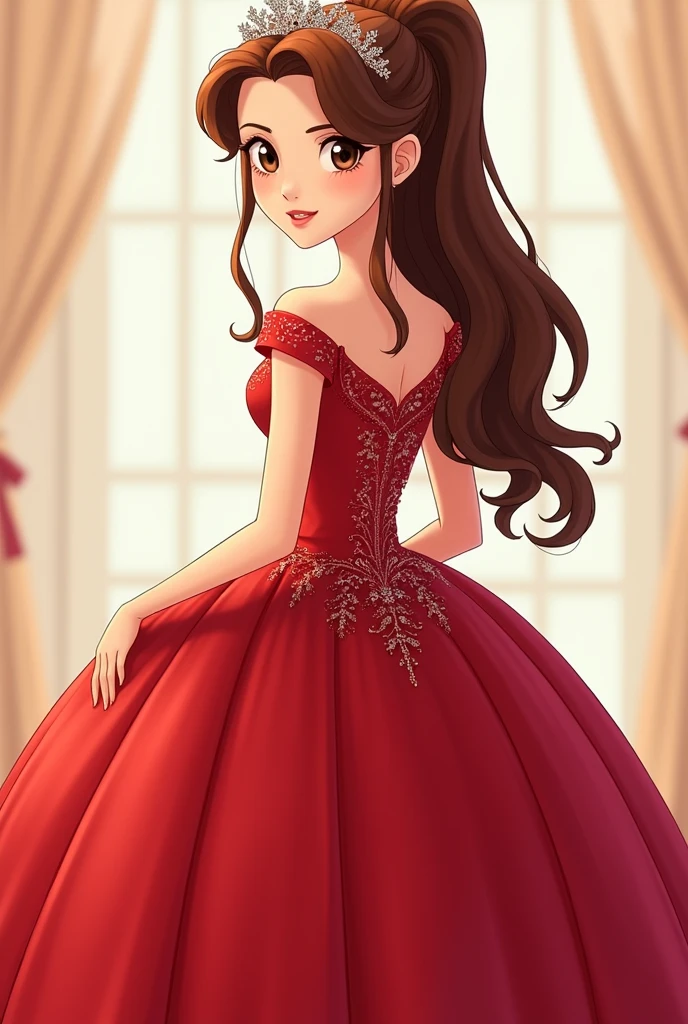 A quinceanera from behind in a red dress, Brown hair, with white and beautiful skin (animated anime type but not like that, if not as drawn )