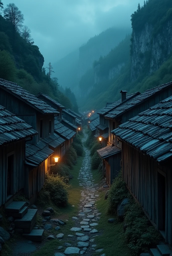 a small mountain village with poor alleys, villagers, old houses, extremely detailed, night, gloomy, eerie, high angle view