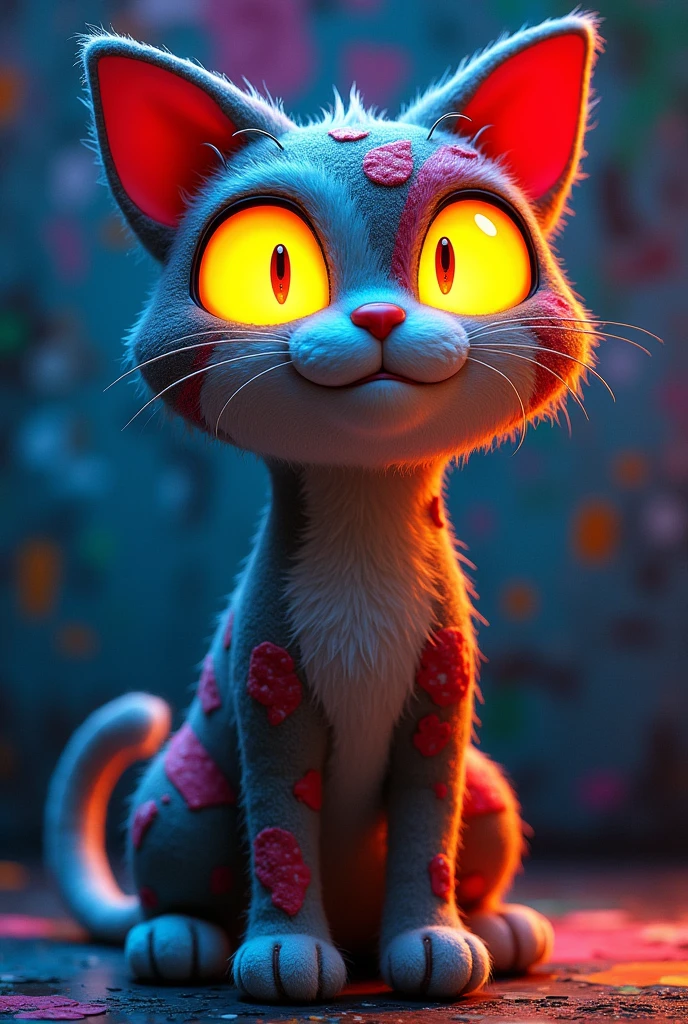 Design a retro plush cat character with stitched eyes and a patchwork body. The character should have a playful expression, with glow-in-the-dark features and a graffiti-style background 