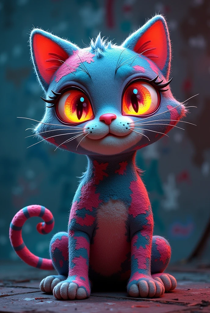Design a retro plush cat character with stitched eyes and a patchwork body. The character should have a playful expression, with glow-in-the-dark features and a graffiti-style background