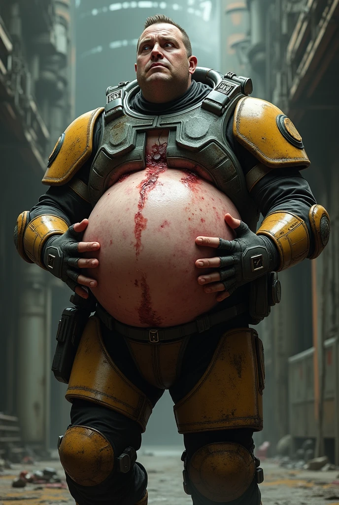 Half life 2 combine soldier with a huge gurgling belly belching while blushing. Hands on stomach trying to help digest what’s inside.