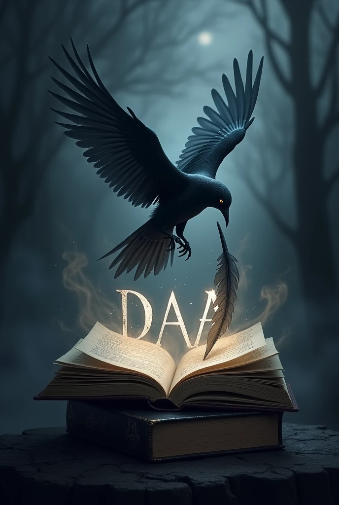 Create a dark and mysterious logo for the 'Department of Haunted Authors.' In the center, depict a ghostly black bird, with ink trailing off to form a faint, spectral mist. The quill should appear as though it is writing in mid-air, with the mist forming the initials 'DAA.' Surround the quill with ancient, slightly open books, their pages curling and giving off a faint glow, as if imbued with a supernatural presence. The overall color palette should include deep shades of black, gray, and indigo, with subtle highlights in silver. The background should resemble a misty twilight, with hints of eerie, swirling fog. The logo should convey an eerie, gothic atmosphere, reflecting the haunted and literary nature of the department.