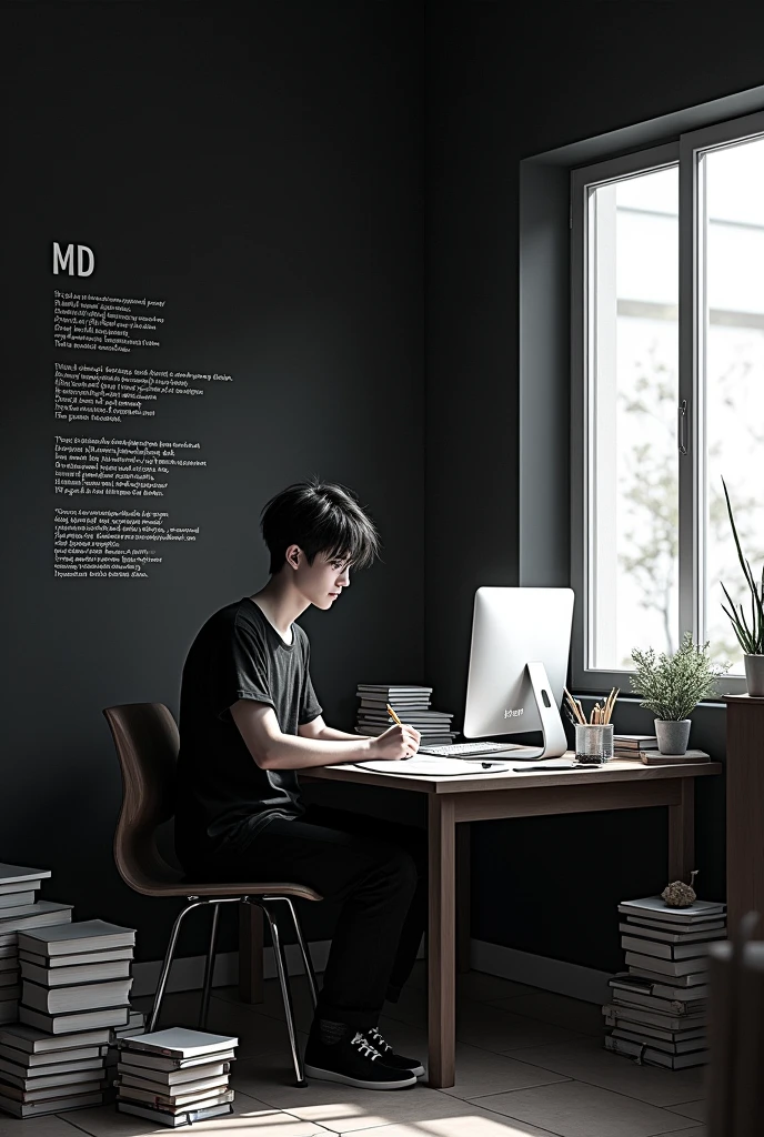 A student is sitting on the desk and there are many books and a computer on the desk in front of him. The wall in the room is black. The writing on the wall is also white. The window is open. He is sitting on the desk and writing a poem. He is nineteen. He is a male student. The color of his clothes is black and white. He is a poet wall in the text with name of MD and writing a poem