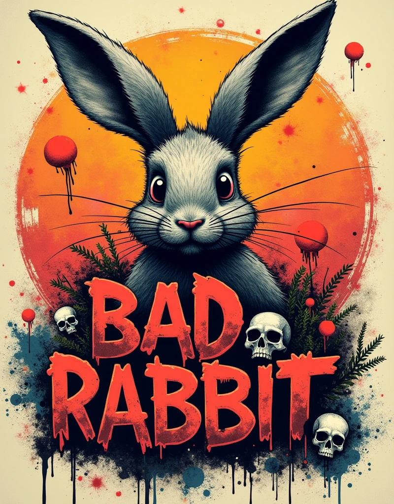 a bold graffiti-style font,bad rabbit,distressed texture,small star symbols,small skull symbols,scattered around text,highly detailed,vibrant colors,urban style,grungy,rough edges,dynamic composition,street art
