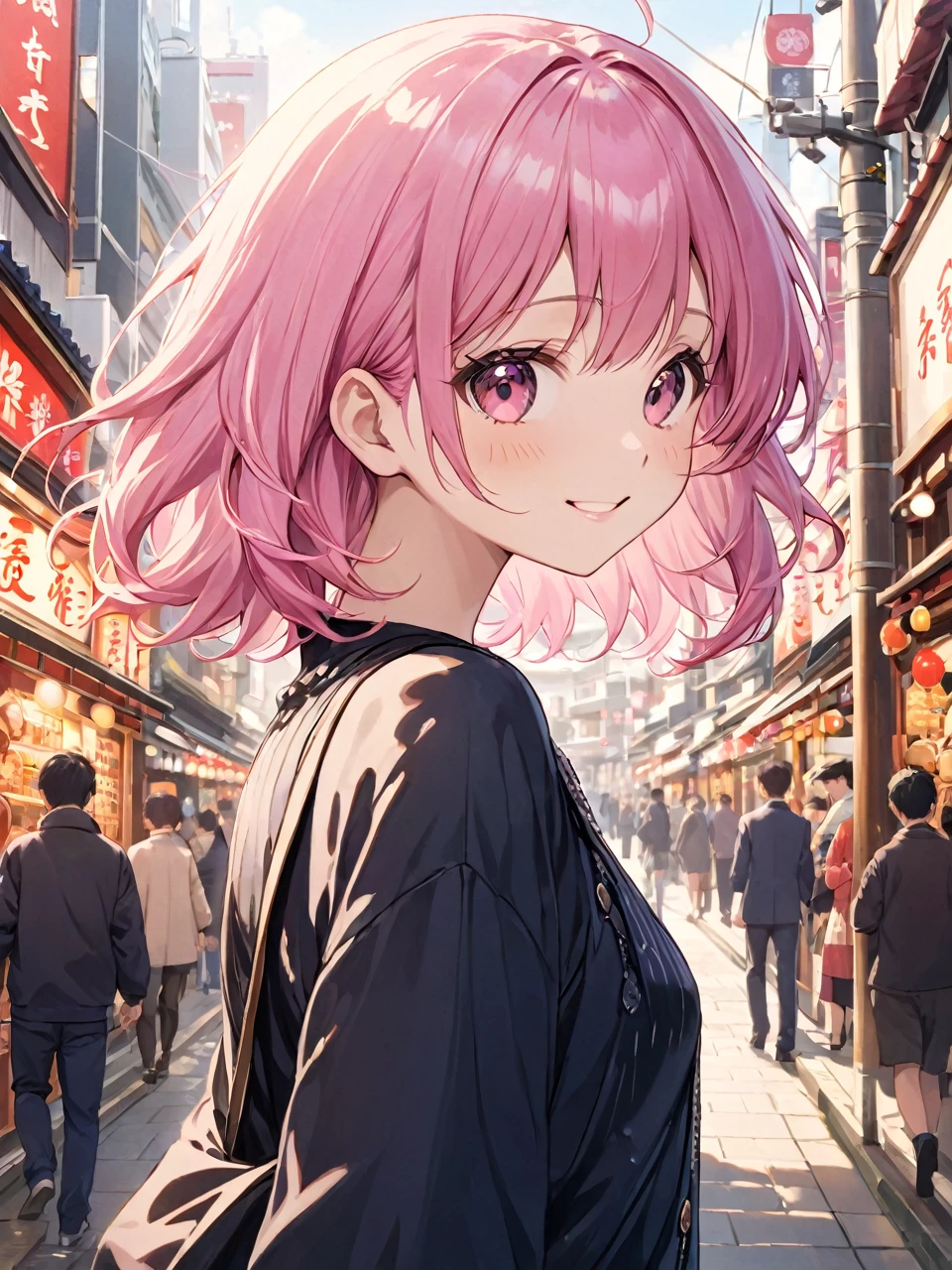 Highest quality, Highest quality, 16K, Unbelievably absurd, Very detailed, 2.5D, delicate and dynamic,A Kind World,One Girl,18-year-old, Pink Hair,Side Up,Private Server,one piece,sexy,smile,Cute,Upper Body,Daytime,In Tokyo,In Asakusa